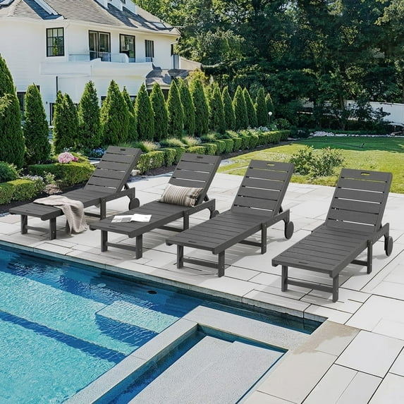 Dycanpo Chaise Lounge Chair Outdoor Set of 4, with Adjustable Backrest & Wheels, Dark Gray