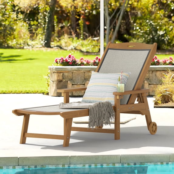Dycanpo Chaise Lounge Chair Outdoor with Adjustable Backrest, Wheels for Backyard, Poolside, Teak