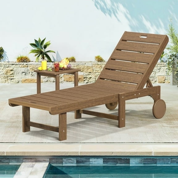 Dycanpo Chaise Lounge Chair Outdoor with Table, 2-Pcs Adjustable Backrest & Wheels, Brown