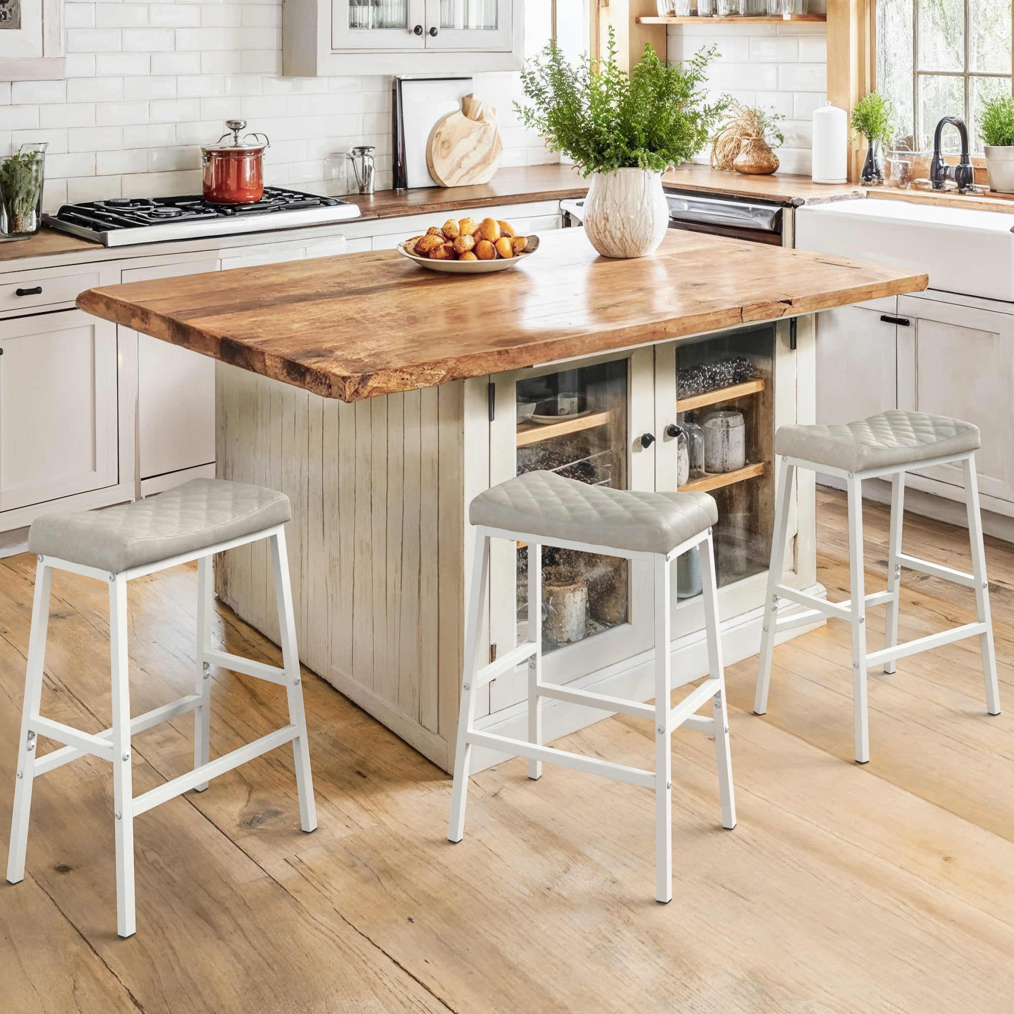 Dycanpo Counter Height Bar Stools, Set of 3 PU Leather Saddle Seat ...