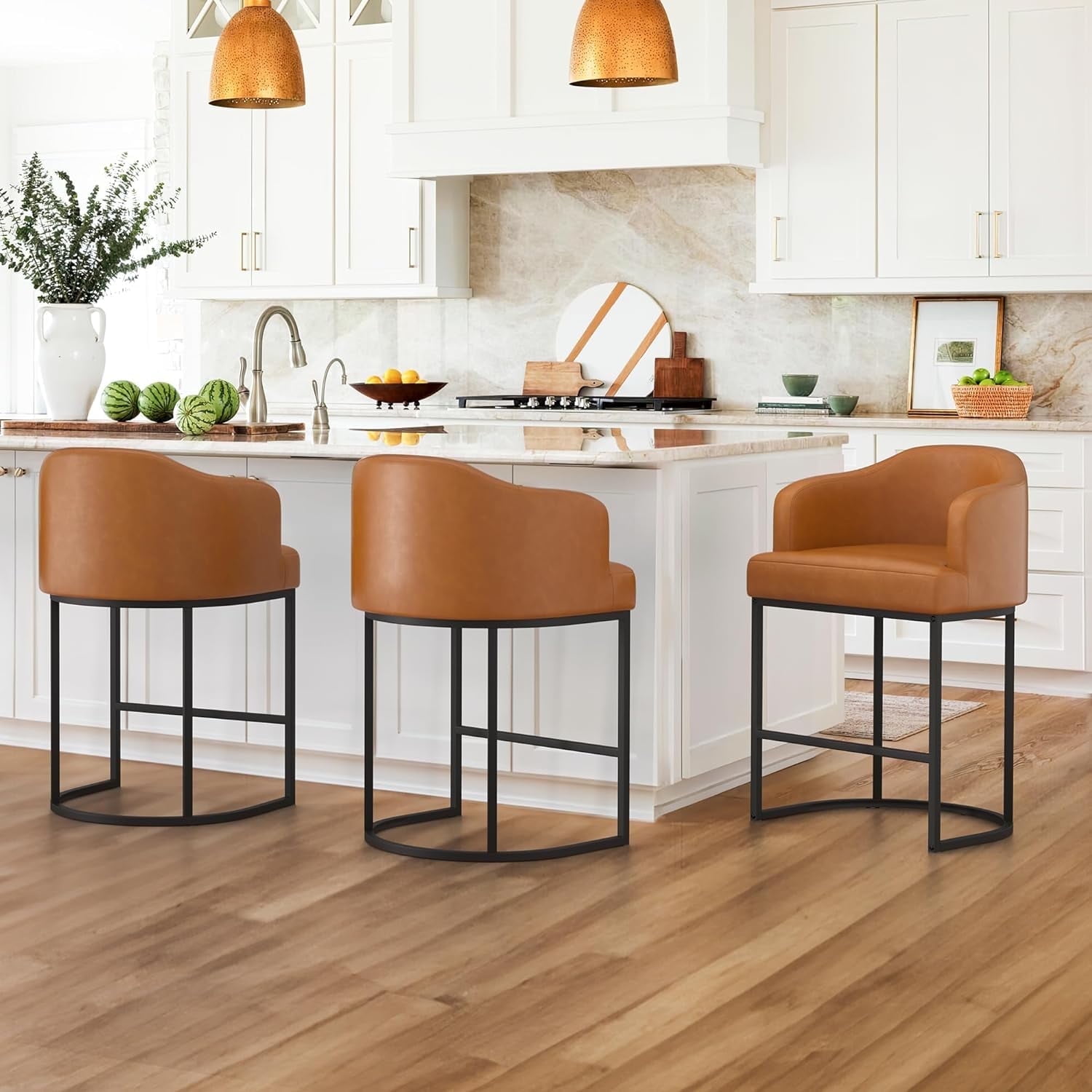 Set of 3 Brown Faux Leather Counter Height Bar Stools with Metal Frame