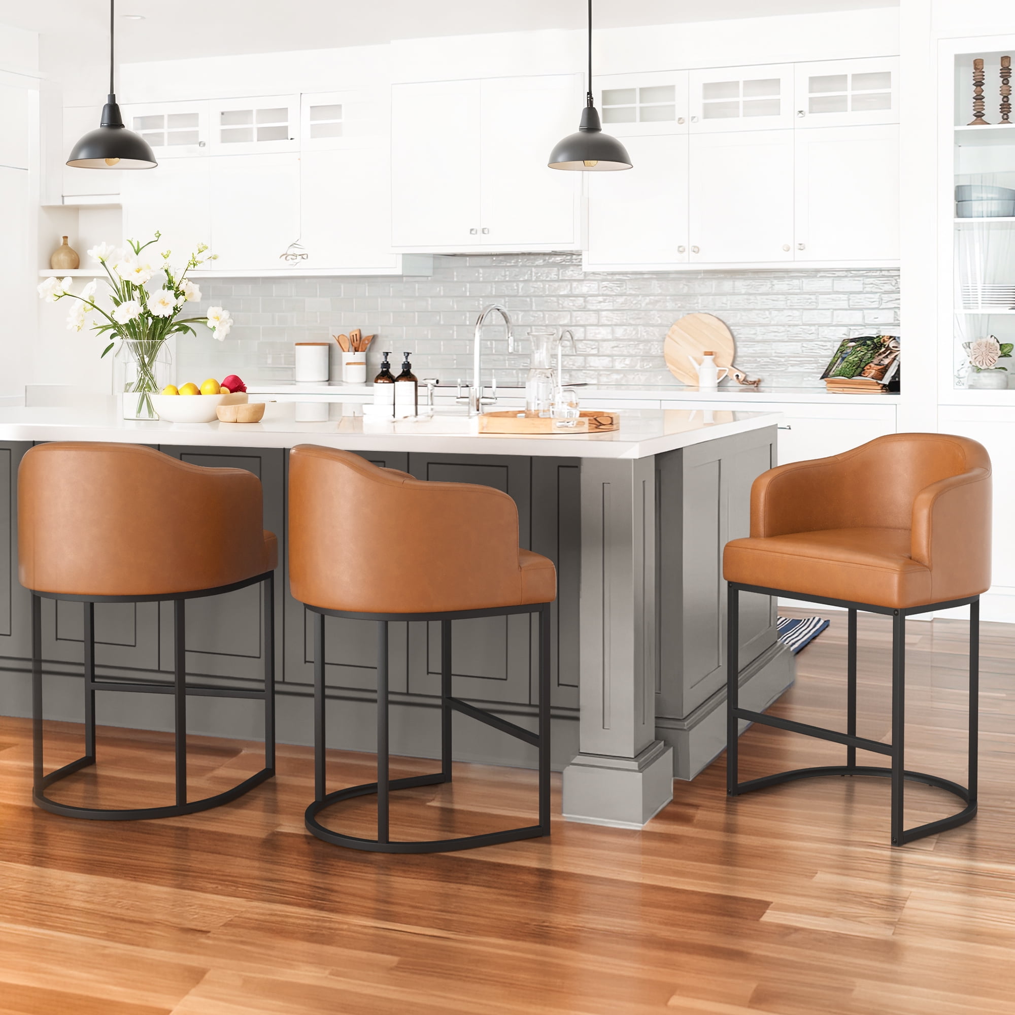 27" Brown Faux Leather Counter Height Bar Stools with Curved Backrest and Arms, Set of 3