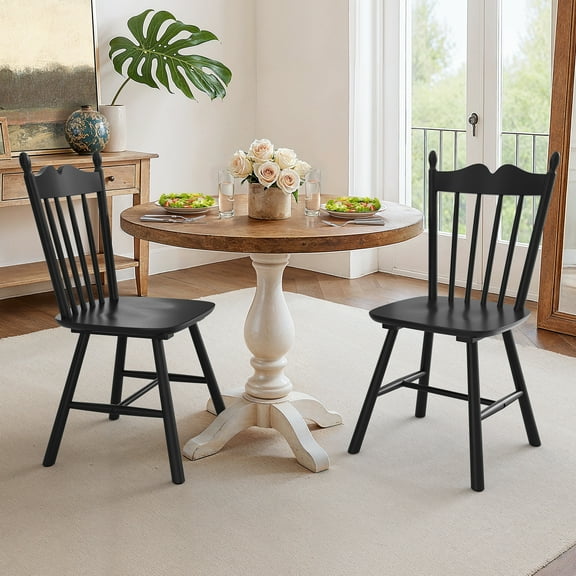 Dycanpo Dining Chairs Set of 2,Farmhouse Wooden Windsor Kitchen Chairs with Thicker Backrest for Kitchen,Black