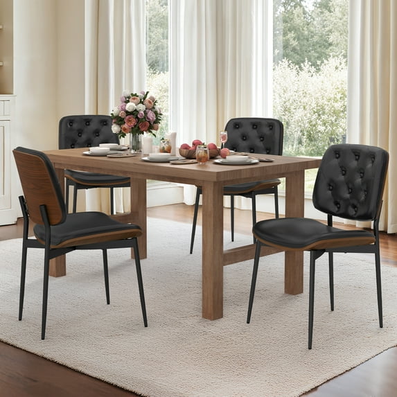 Dycanpo Dining Chairs Set of 4,Mid Century Retro Faux Leather Chairs with Walnut Bentwood Adjustable Foot for Kitchen,Black