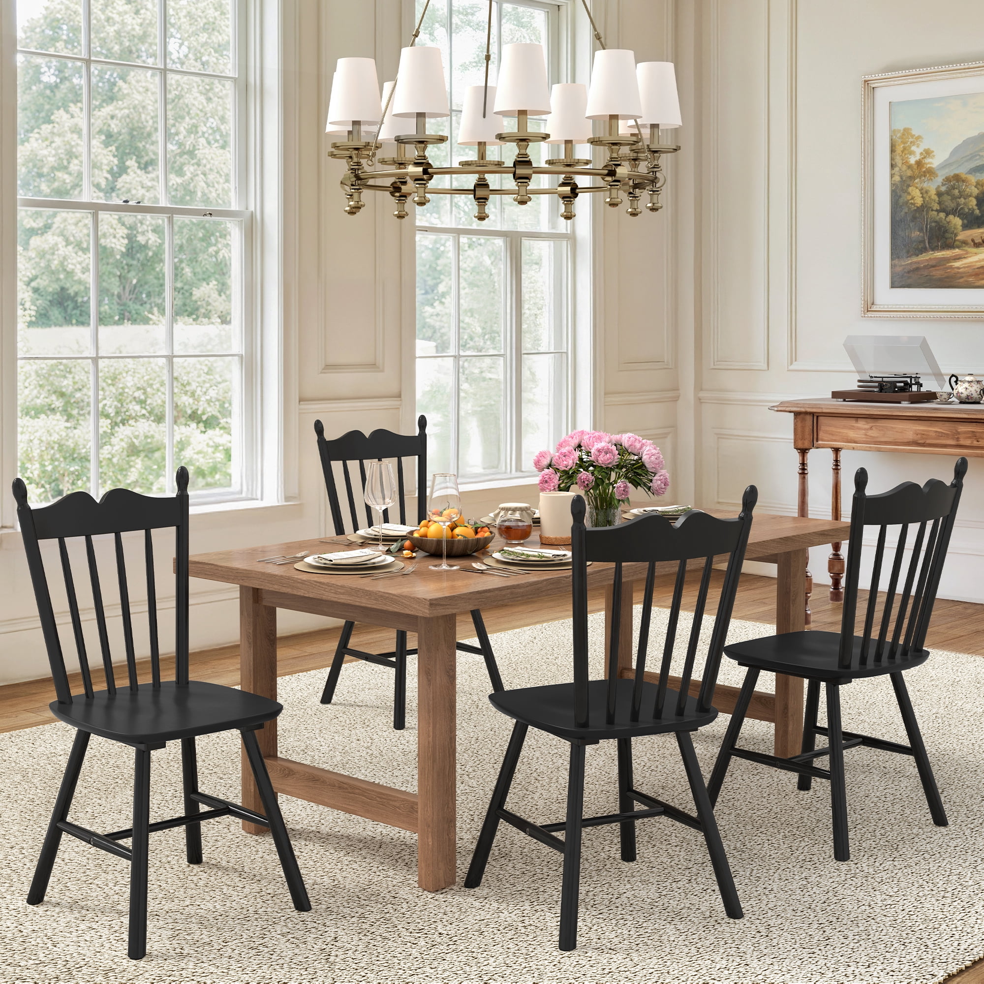 Dycanpo Dining Chairs Set of 4, Windsor Wooden Dining Chair with Thickened Backrest for Kitchen, Black
