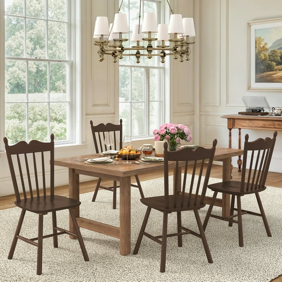 Dycanpo Dining Chairs Set of 4, Windsor Wooden Dining Chair with Thickened Backrest for Kitchen, Walnut