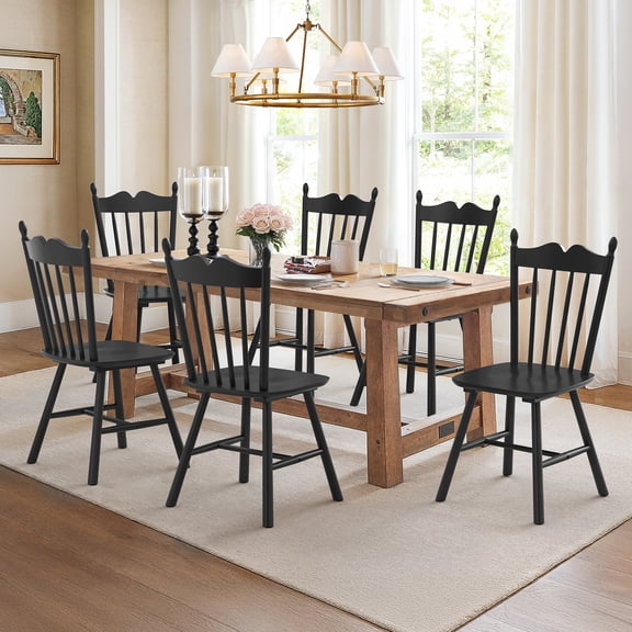 Dycanpo Dining Chairs Set of 6,Farmhouse Wooden Windsor Kitchen Chairs with Thicker Backrest for Kitchen,Black