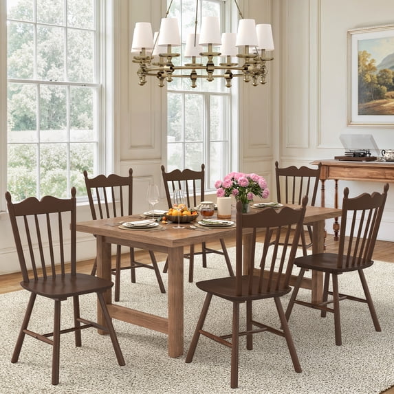 Dycanpo Dining Chairs Set of 6, Windsor Wooden Dining Chair with Thickened Backrest for Kitchen, Walnut