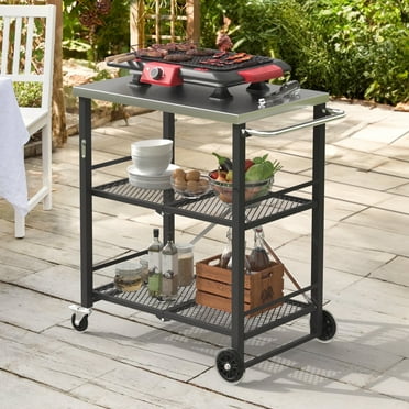 Dycanpo Foldable Outdoor Grill Cart, Movable 3 Tiers Grill Table,Stainless Steel, 33.8'',Black