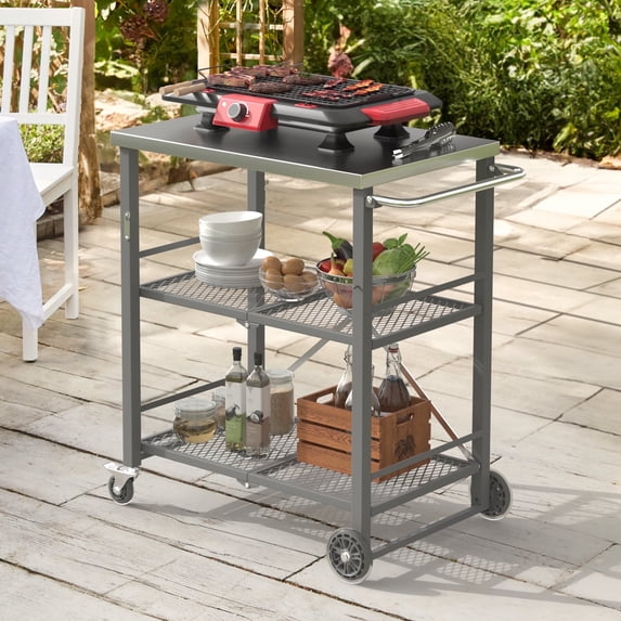 Dycanpo Foldable Outdoor Grill Cart, Movable 3 Tiers Grill Table,Stainless Steel, 33.8'',Gray