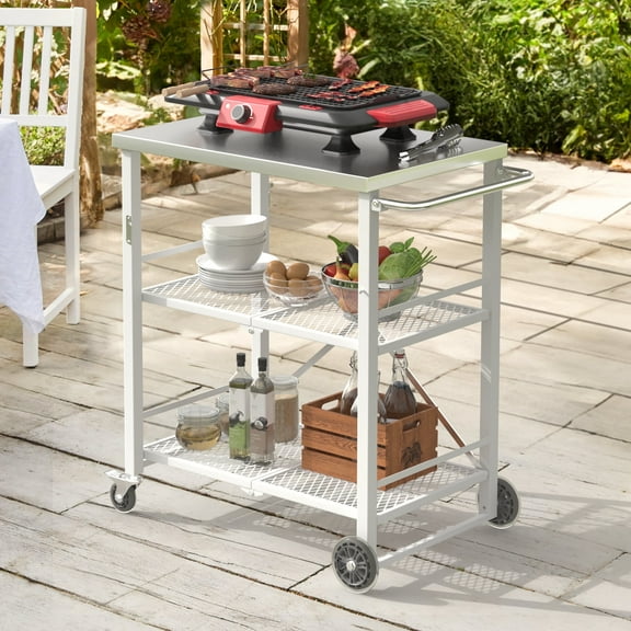 Dycanpo Foldable Outdoor Grill Cart, Movable 3 Tiers Grill Table,Stainless Steel, 33.8'', White