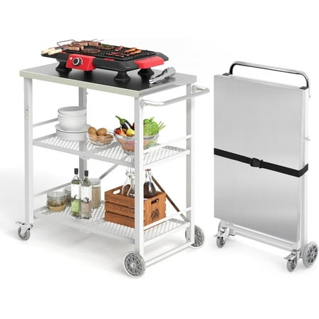 Dycanpo Foldable Outdoor Grill Cart, Movable 3 Tiers Grill Table,Stainless Steel, 33.8'',White