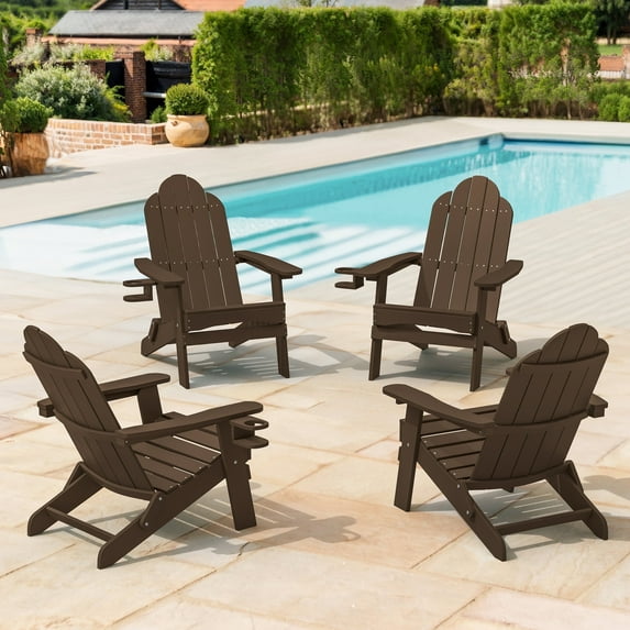 Dycanpo Folding Adirondack Chairs Set of 4,Fire Pit Patio Garden Chair with Cup Holder,Dark Brown