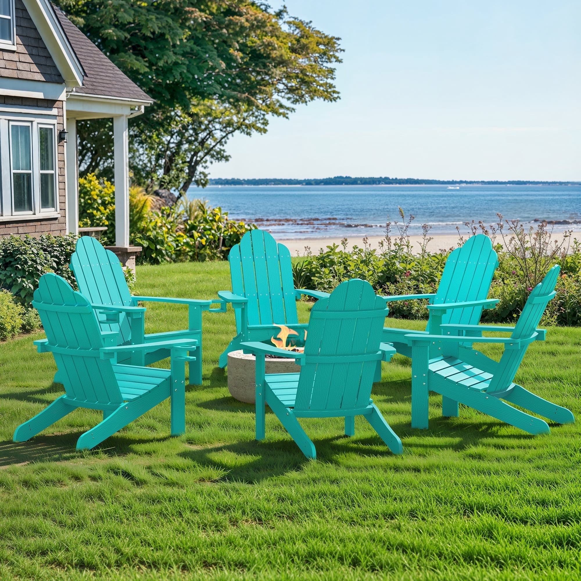 Dycanpo Adirondack Chairs Set of 6 with Cup Holder, 300lbs Weather Resistant, Aruba Blue