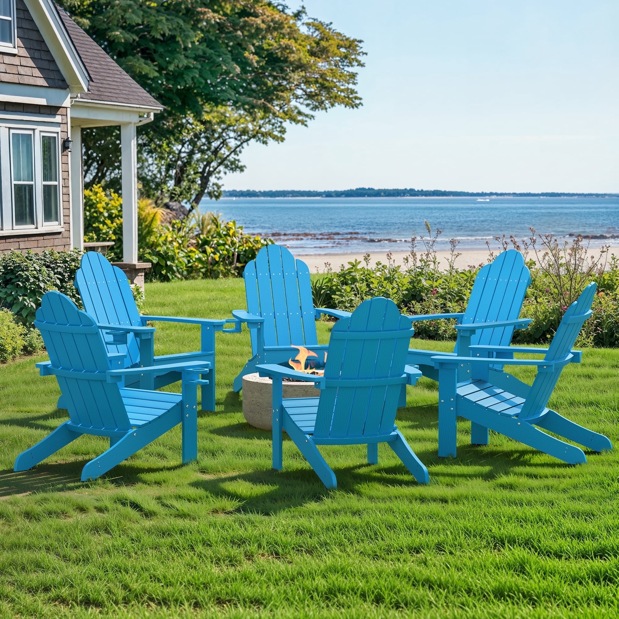 Dycanpo Adirondack Chairs Set of 6 with Cup Holder, 300lbs Weather Resistant, Blue