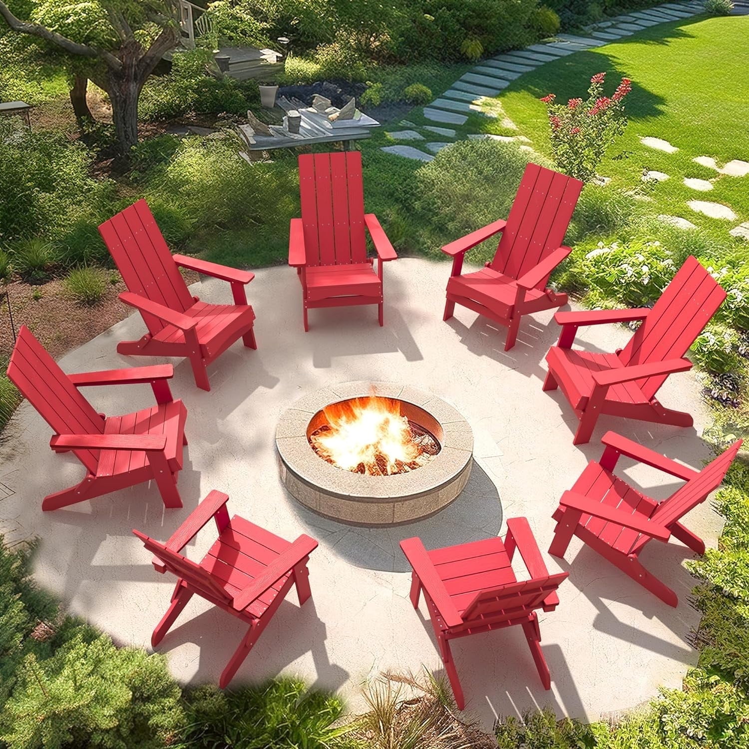 Dycanpo Folding Adirondack Chairs Set of 8, Hdps Poly Modern Outdoor Chair Weather Resistant, Red