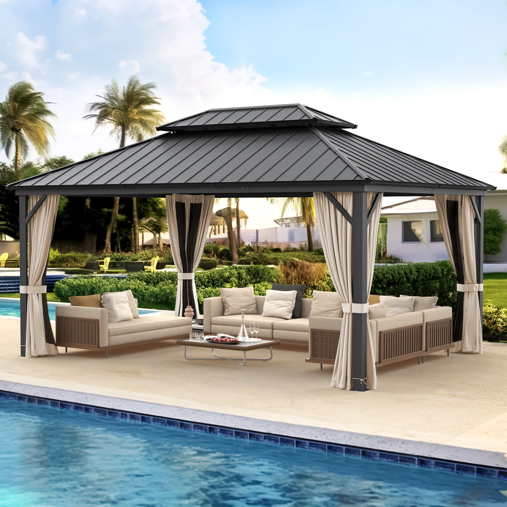 Dycanpo Hardtop Gazebo with Nettings Curtains,Galvanized Steel Double ...
