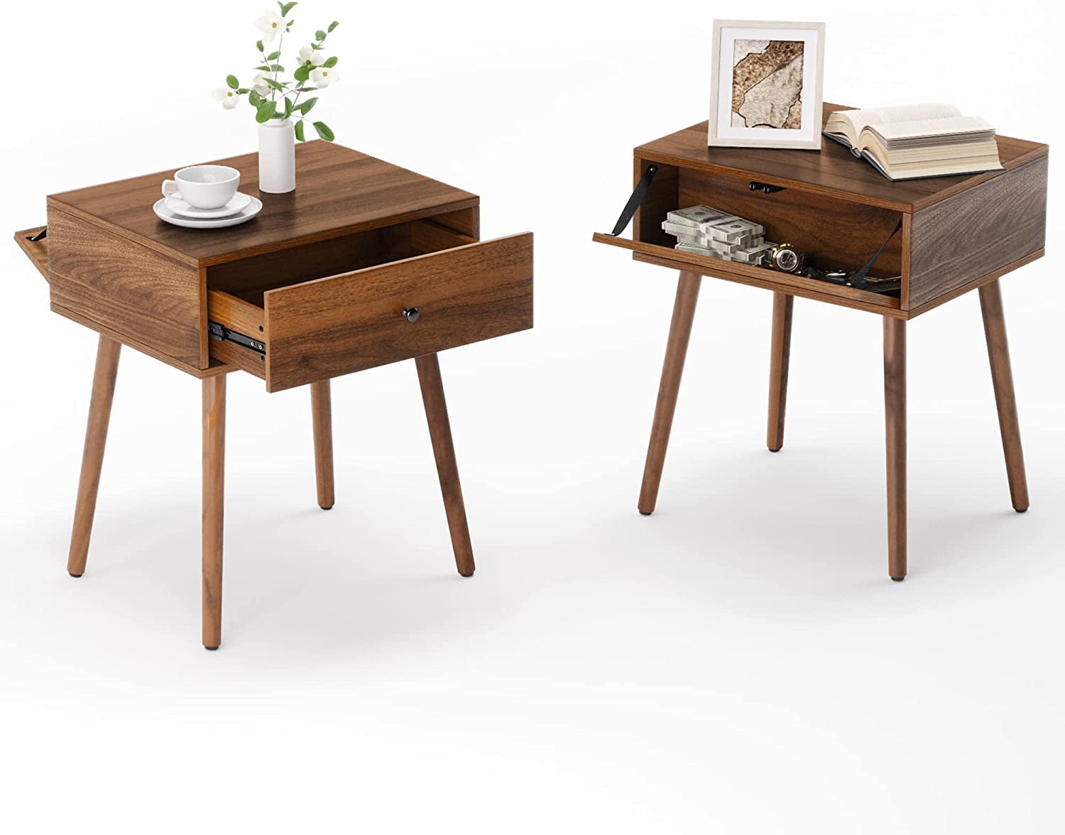 Walnut MDF Nightstand Set with Hidden Compartment and Drawer