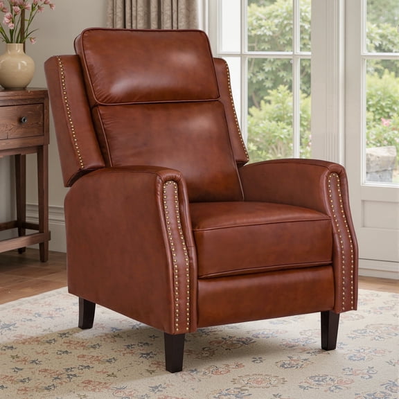Dycanpo Leather Recliner Chair, Classic Push Back Genuine Manual Recliner with Thick Seat and Backrest, Small Spaces Sleeper Sofa Chair for Living Room, Red Brown
