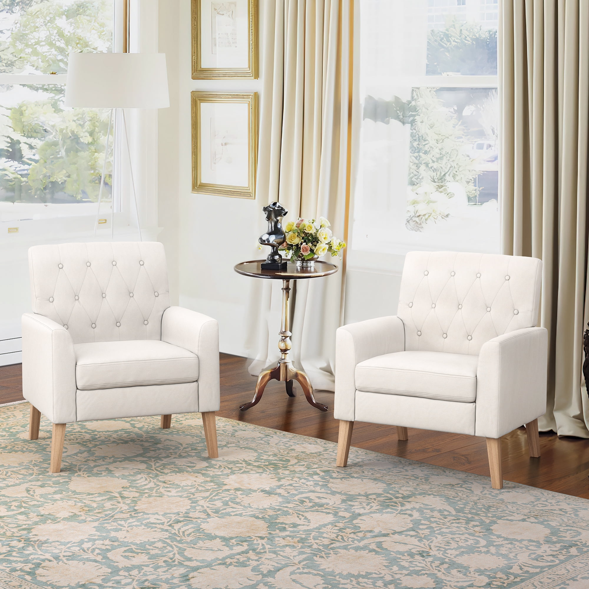 Dycanpo Linen Accent Chair Set of 2, Armchairs 18.5" Tall for Home, Bedroom, Living Room, Beige