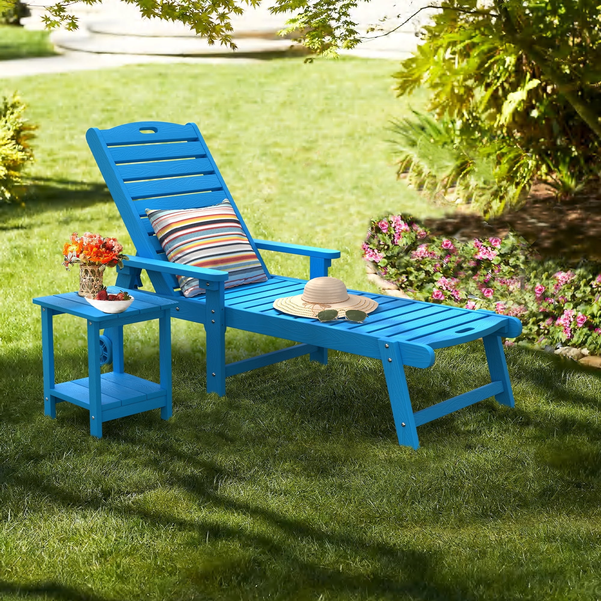 Blue Adjustable Plastic Outdoor Chaise Lounge with Arms