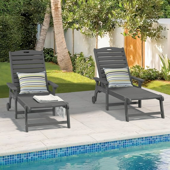 Dycanpo Lounge Chair Outdoor Set of 2, Resin Chaise Lounge with Wheels & Adjustable Backrest, Dark Gray