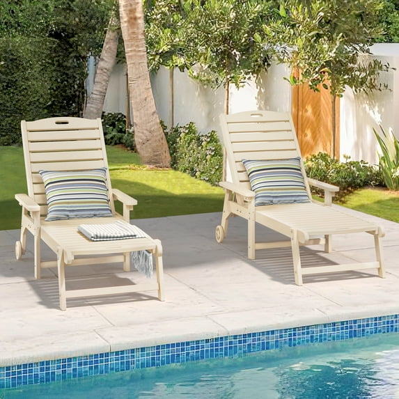 Dycanpo Lounge Chair Outdoor Set of 2, Resin Chaise Lounge with Wheels & Adjustable Backrest,Sand