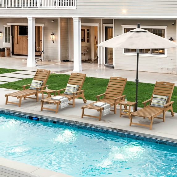 Dycanpo Lounge Chair Outdoor Set of 4, Resin Chaise Lounge with Wheels & Adjustable Backrest,Teak Color