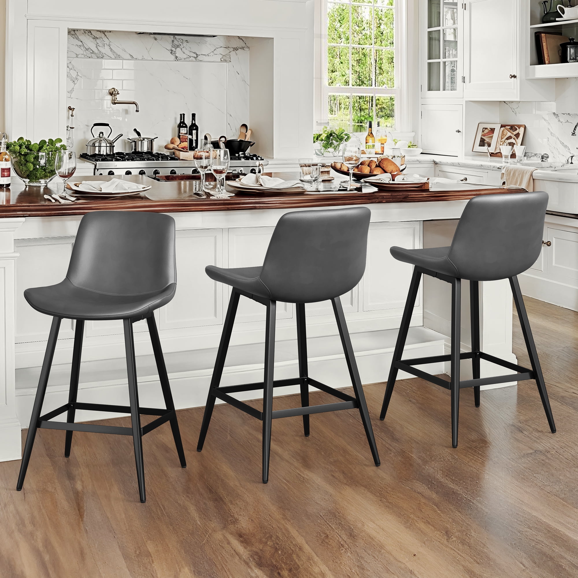 Dycanpo Modern Faux Leather 24 Inch,Counter Height Bar Stools Set of 3,for Home Kitchen, Gray