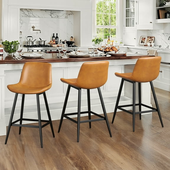 Dycanpo Modern Faux Leather 24 Inch,Counter Height Bar Stools Set of 3,for Home Kitchen, Whiskey Brown