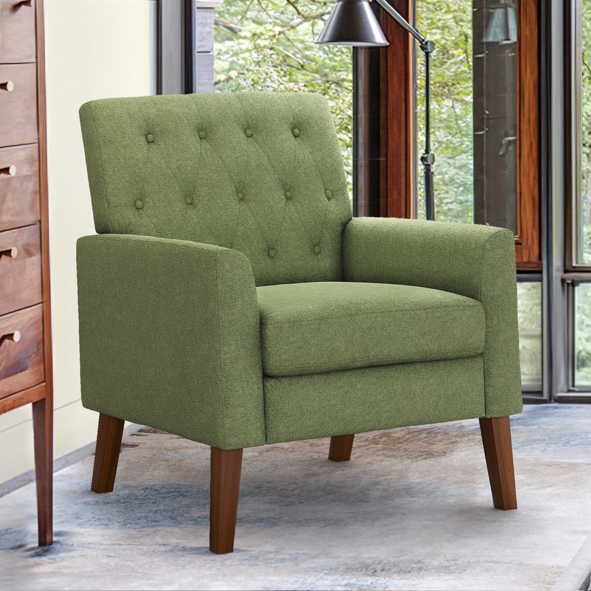 Avocado Green Velvet Accent Chair with Wooden Legs