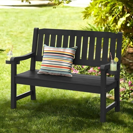 Dycanpo Outdoor Bench, 47” HDPS Bench with Armrest for Garden, Patio, Backyard, Black