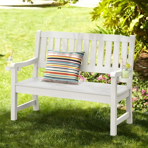 Dycanpo Outdoor Bench, 47” HDPS Bench with Armrest for Garden, Patio, Backyard, White