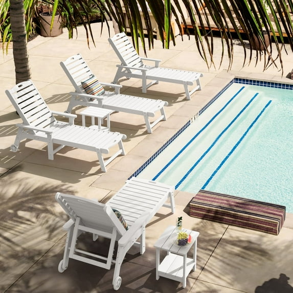 Dycanpo Lounge Chair Outdoor Set of 4, Resin Chaise Lounge with Wheels & Adjustable Backrest, White