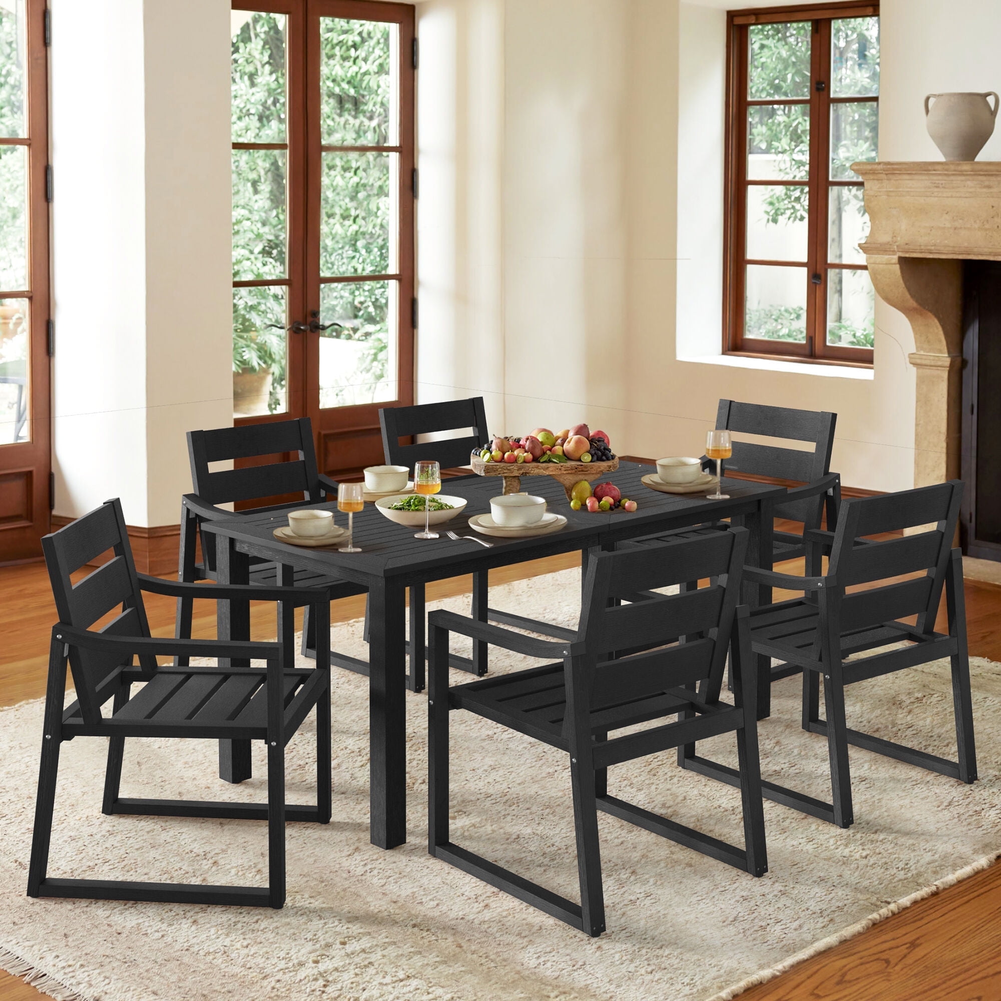 Black Recycled Plastic 7-Piece Outdoor Dining Set with Armchairs