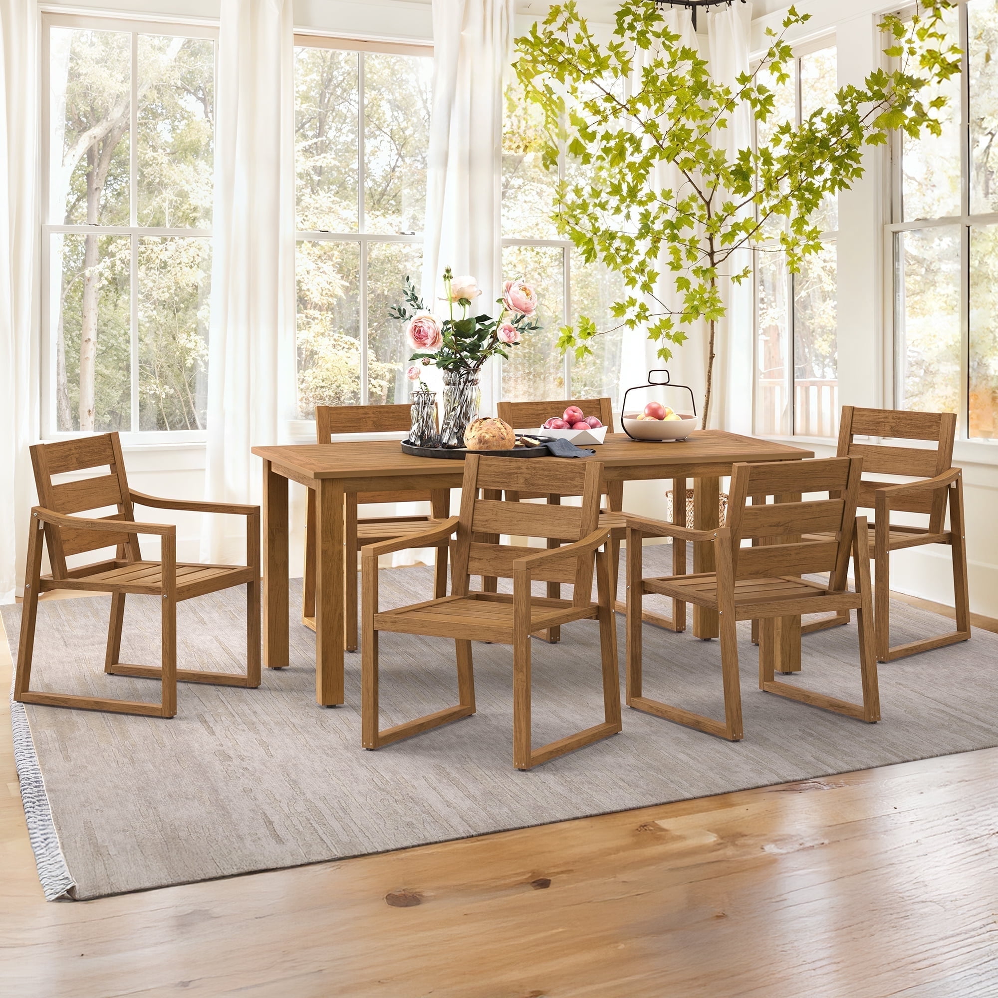 Dycanpo Outdoor Dining Table and Chairs 7-Piece Set,Weather Resistant Patio Chairs with Armrest for Indoors,Teak