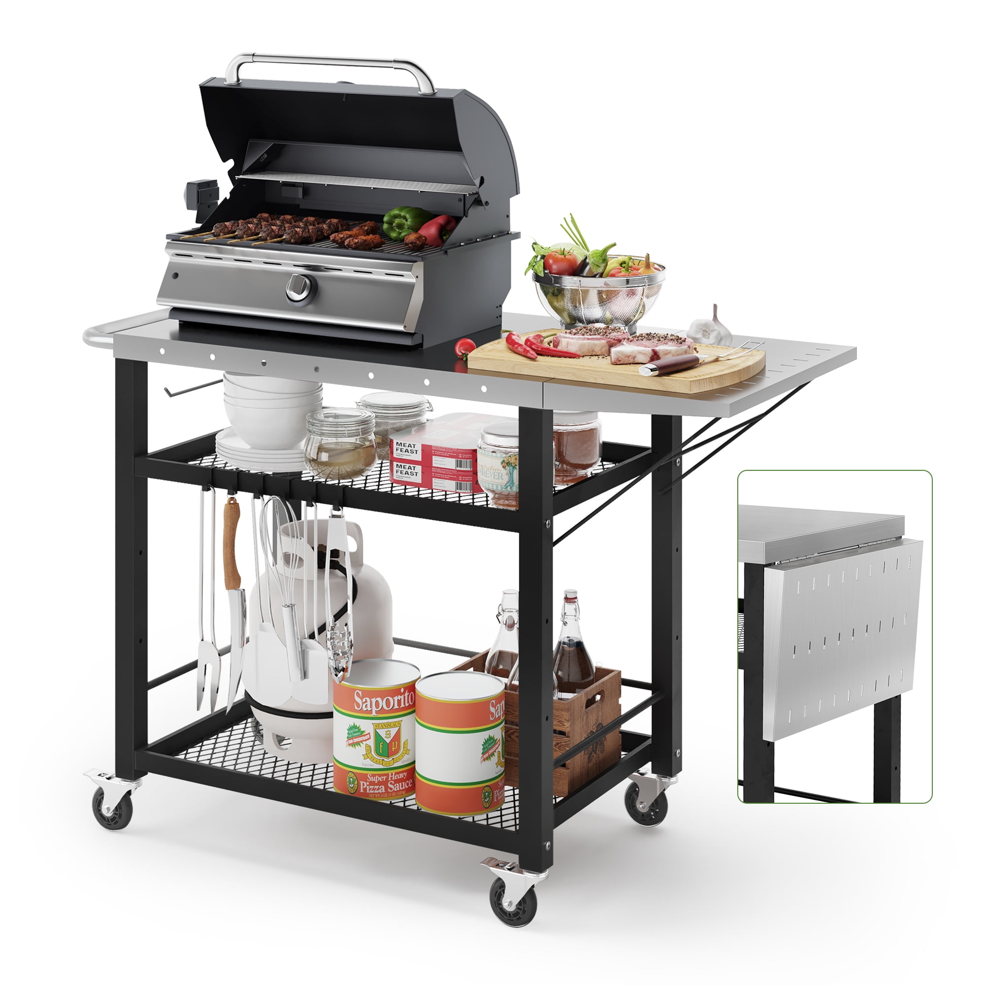 Dycanpo Outdoor Grill Cart Table, 3 Tiers Stainless Steel, Foldable & Movable, 33”, Black