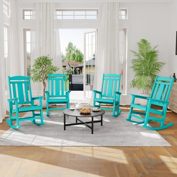 Dycanpo Outdoor Rocking Chairs Set of 4, Weather Resistant Proch Rocker for Adult, Aruba Blue