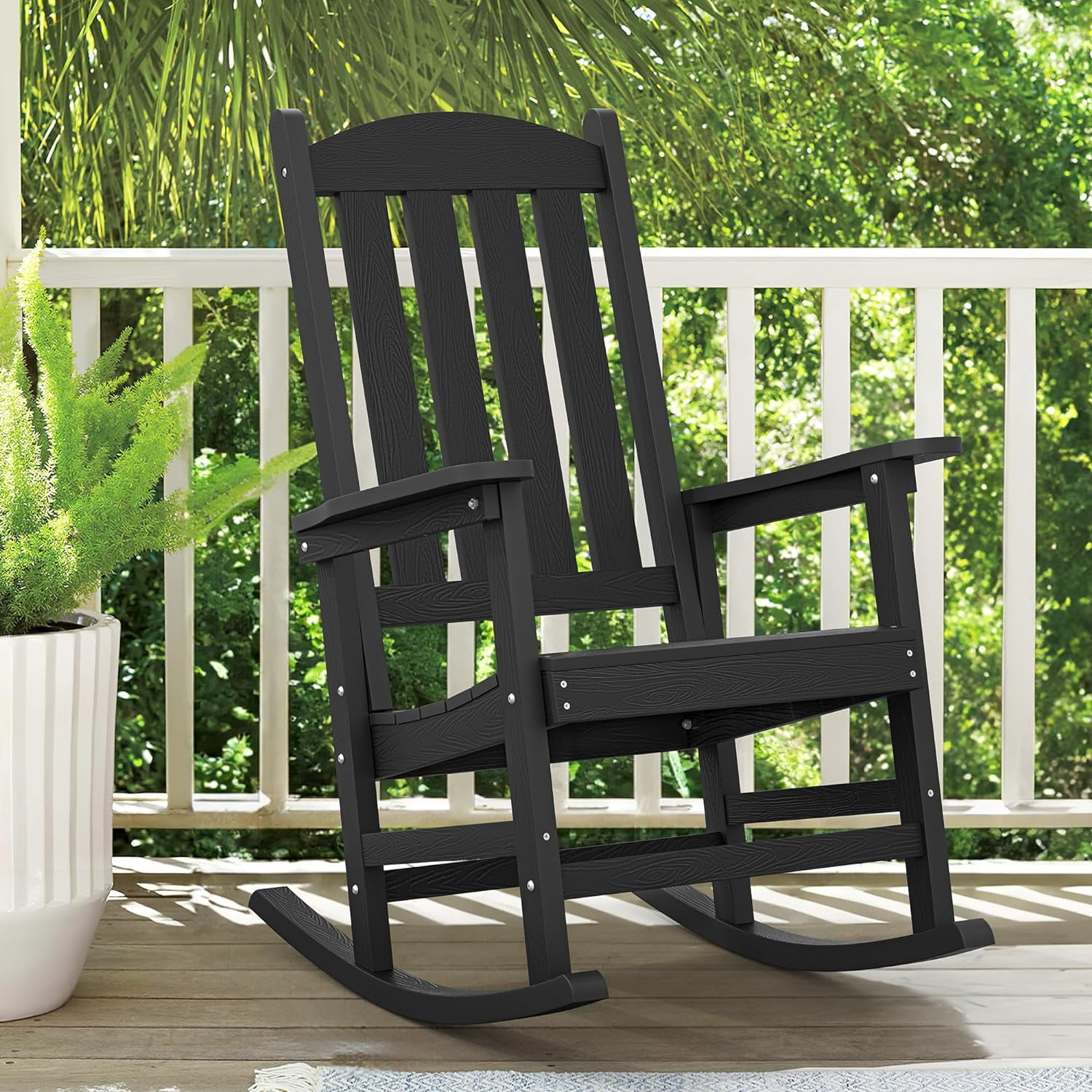 Black High Back All-Weather Rocking Chair with Arms