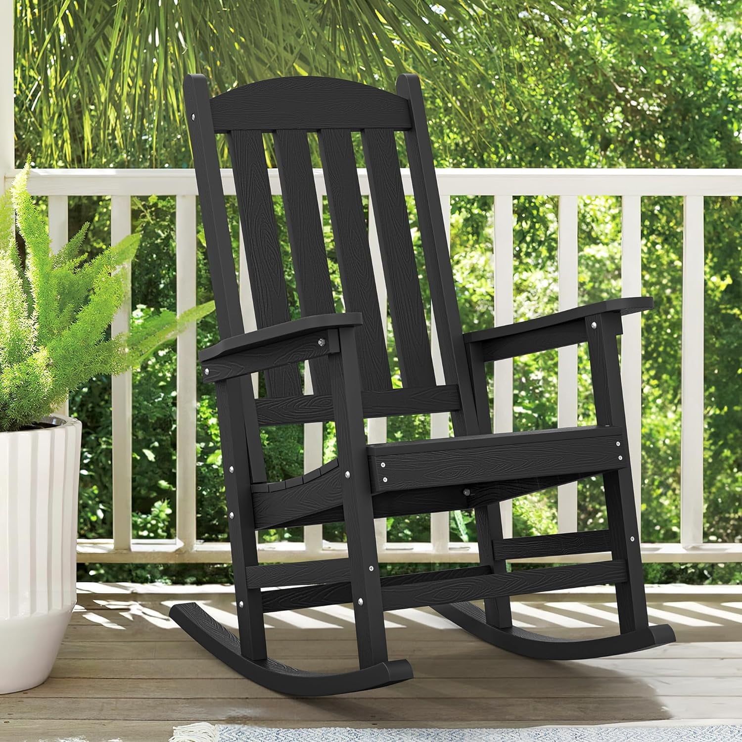 Black High Back All-Weather Rocking Chair with Arms