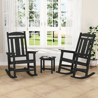 Dycanpo Outdoor Rocking Chairs Side Table Set of 3, Weather Resistant Proch Rocker for Adult, Black