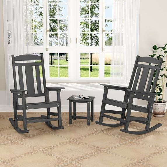 Dycanpo Outdoor Rocking Chairs*2 and Side Table Set, Weather Resistant Proch Rocker for Adult, Gray