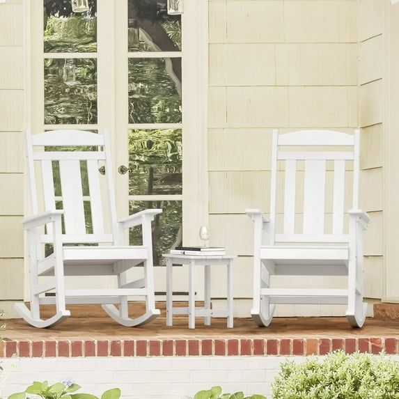 Dycanpo Outdoor Rocking Chairs*2 and Side Table Set, Weather Resistant Proch Rocker for Adult, White