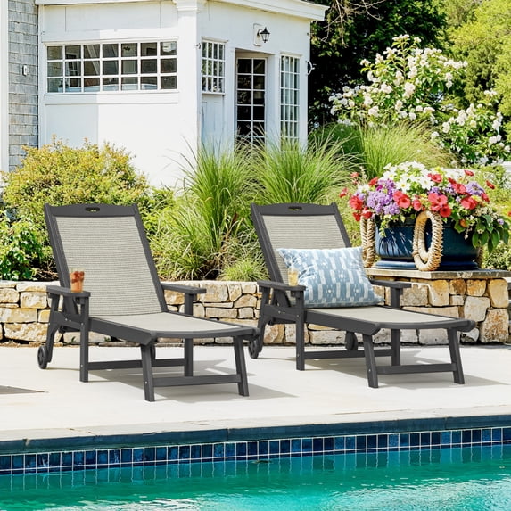 Carolayne Outdoor Chaise Lounge Chair Set of 2, Adjustable Backrest with Wheels for Backyard Poolside, Dark Gray