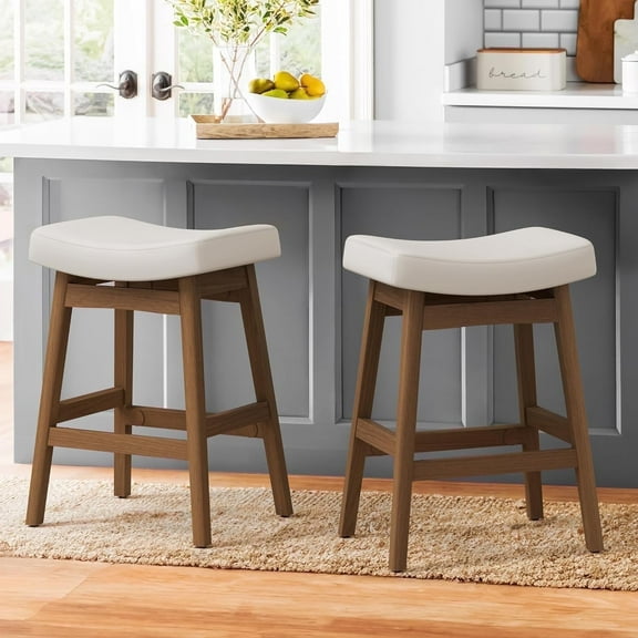 Dycanpo Saddle Seat Counter Height Bar Stools Set of 2 for Kitchen, Dining, 24in, Antique White-Faux Leather