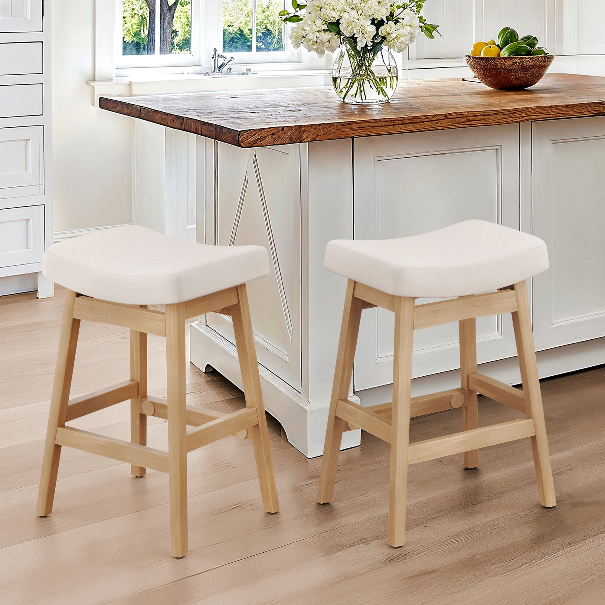 Dycanpo Saddle Seat Counter Height Bar Stools Set of 2 for Kitchen, Dining, 24in, Beige-Fabric