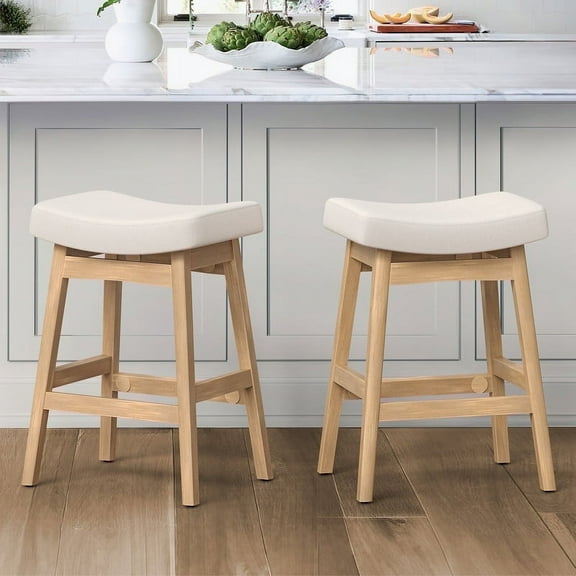 Dycanpo Saddle Seat Counter Height Bar Stools Set of 2 for Kitchen, Dining, 24in, Beige-Fabric