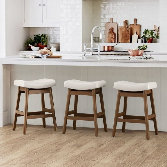 Dycanpo Saddle Seat Counter Height Bar Stools Set of 3 for Kitchen, Dining, 24in, Antique White-Faux Leather