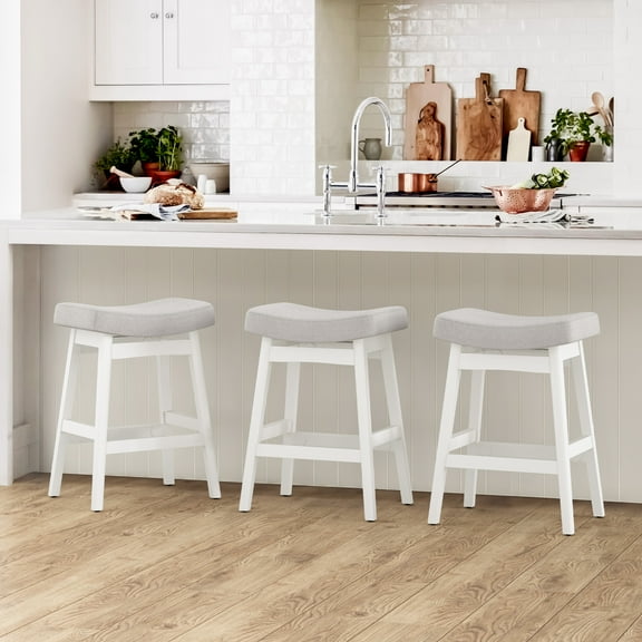 Dycanpo Saddle Seat Counter Height Bar Stools Set of 3 for Kitchen, Dining, 24in, Grayish-White Linen