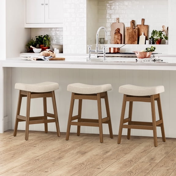 Dycanpo Saddle Seat Counter Height Bar Stools Set of 3 for Kitchen, Dining, 24in, Linen-Fabric